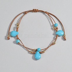 Bohemian Style Teardrop Synthetic Turquoise & CCB Plastic Round Waxed Cord Braided Double Layer Anklets for Women&nbsp;FS-WGDC0FD-01