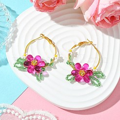 Woven Glass Leaf Huggie Hoop Earring&nbsp;EJEW-MZ00235-04