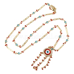 Boho Brass Resin Layered Tassel Red Evil Eye Pendant Necklaces&nbsp;NJEW-L014-04G