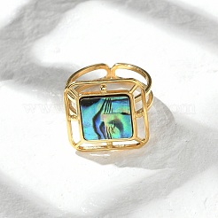 Square 304 Stainless Steel Paua Shell Cuff Rings for Women&nbsp;RJEW-G346-03G-01