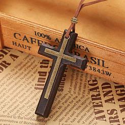 Alloy & Wood Religion Cross Pendant Polycotton Rope Long Necklaces&nbsp;FS-WGDCE0E-02
