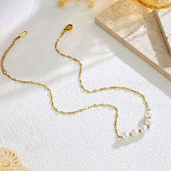 Imitation Pearl Round Beaded Pendant 201 Stainless Steel Dapped Chain Necklaces for Women&nbsp;WG762CC-01
