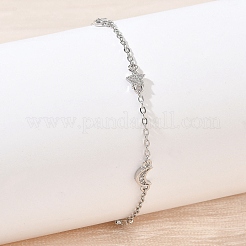 Brass Micro Pave Clear Cubic Zirconia Moon Star Link Chain Bracelets&nbsp;KK-CBA6980-28P