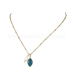 Natural Pearl Rice & Gemstone Faceted Horse Eye Pendant 304 Stainless Steel Satellite Chain Necklaces for Women&nbsp;NJEW-JN06263