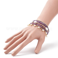 5Pcs 5 Style Natural Amethyst & Brass Beaded Stretch Bracelets Set&nbsp;BJEW-JB08870-01