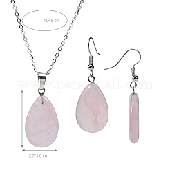 Teardrop Natural Rose Quartz Pendant Necklaces & Dangle Earrings Sets&nbsp;FS-WGAC060-01
