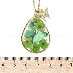 Transparent Epoxy Resin Teardrop & Brass Micro Pave Clear Cubic Zirconia Butterfly Pendant 304 Stainless Steel Cable Chain Necklaces for Women&nbsp;NJEW-JN06288