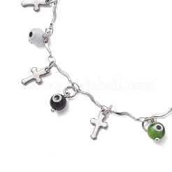 Handmade Evil Eye Lampwork & 304 Stainless Steel Cross Tassel Bar Link Chain Anklets for Women&nbsp;AJEW-AN00741-01