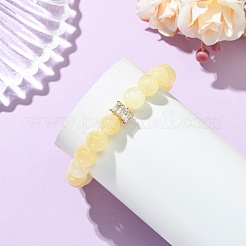 Round Natural Golden Silk Jade & Brass Micro Pave Cubic Zirconia European Beads Stretch Bracelets for Women&nbsp;BJEW-JB14057