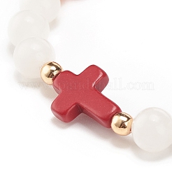 Natural White Jade & Gemstone & Synthetic Turquoise(Dyed) Stretch Bracelet with Cross&nbsp;BJEW-JB08295