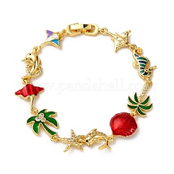 Ocean Theme Brass Cubic Zirconia with Enamel Link Bracelets for Women&nbsp;BJEW-F514-01A-G