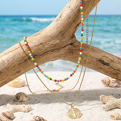 Boho Colorful Glass Seed Beaded Double Layer Necklaces with Stainless Steel Religion Saint Benedict Medal Pendant&nbsp;OL9548-1