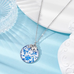 Steel Blue Glass Flat Round & Alloy Pendant Necklace&nbsp;NJEW-JN04453-02