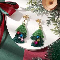 Polycotton Tassels Christmas Tree & Bell Stud Dangle Earring&nbsp;EJEW-JE06076