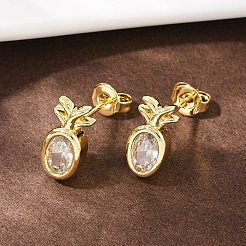 Brass Micro Pave Clear Cubic Zirconia Pineapple Stud Earrings&nbsp;EJEW-L101-02G