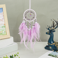 1Pc Natural Gemstone Chips Woven Net/Web with Feather Hanging Ornaments&nbsp;AJEW-CN0005-48B
