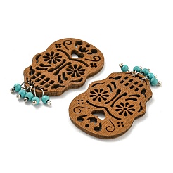Laser Cut Poplar Wood Pendants Skull Charms with Dyed Synthetic Turquoise&nbsp;FIND-G073-05