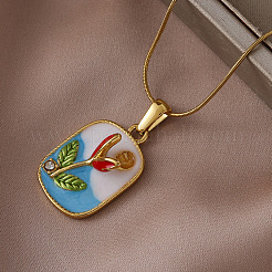 316 Surgical Stainless Steel Enamel Rectangle with Flower Pendant Necklaces for Women&nbsp;GH2755