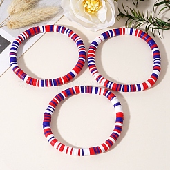 3Pcs Red White Blue Handmade Polymer Clay Heishi Beads Stretch Bracelets Set&nbsp;PW-WG85032-01