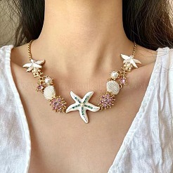 Bohemian Summer Alloy Enamel Rhinestone & Plastic Pearl Shell Shape Starfish Link Chain Necklaces for Women&nbsp;FS-WGAD57C-01