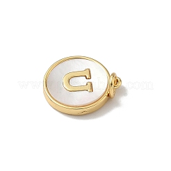 Brass Pave Natural Shell Flat Round with Letter Charms&nbsp;KK-Z115-13G-U