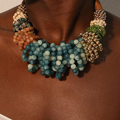 Bohemian Style Round Gemstone & Glass & Wood & CCB Plasitc Beaded Bib Necklaces&nbsp;FS-WGADB81-01