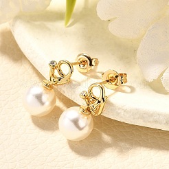 Round Brass Micro Pave Cubic Zirconia & ABS Plastic Pearl Dangle Stud Earrings&nbsp;EJEW-C126-06G
