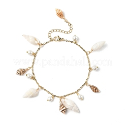 Natural Spiral Shell & Glass Pearl Charm Anklets&nbsp;AJEW-AN00567