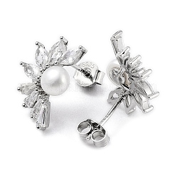 Anti-Tarnish Cubic Zirconia Flower with Natural Pearl Stud Earrings&nbsp;EJEW-F318-13P