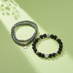 3Pcs 3 Style Natural Lava Rock & Synthetic Hematite Stretch Bracelets Set&nbsp;BJEW-JB08692