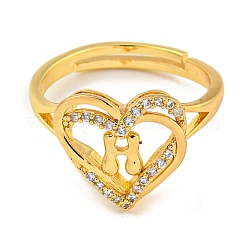 Heart with Letter Rack Plating Brass Micro Pave Clear Cubic Zirconia Adjustable Rings for Women&nbsp;RJEW-I105-01G-H
