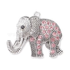 Tibetan Style Alloy Rhinestone Big Pendants, Cadmium Free & Lead Free, Elephant, Antique Silver, Light Rose, 43x51x5.5mm, Hole: 3.5mm