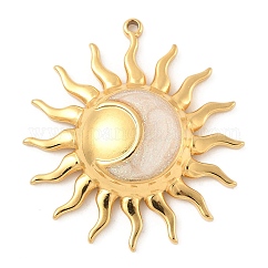 304 Stainless Steel Pendants, with Enamel and Glitter Sequins, Sun Ray with Moon Charm, Real 18K Gold Plated, WhiteSmoke, 29x26.5x5mm, Hole: 1.2mm