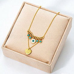 304 Stainless Steel Enamel Evil Eye Heart Pendant Double Layer Necklaces with Synthetic Turquoise for Women&nbsp;WGD59F3-01