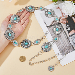 1Pc Alloy Pave Synthetic Turquoise Oval Flower Link Chain Waist Belly Body Chains for Women&nbsp;AJEW-DC0003-22
