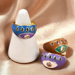 Brass Micro Pave Clear Cubic Zirconia Enamel Cuff Rings for Women&nbsp;RJEW-L113-040G