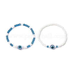 2Pcs 2 Styles Evil Eye Glass Beads Stretch Bracelets & Glass Seed Beads Stretch Bracelets for Women&nbsp;BJEW-JB11895
