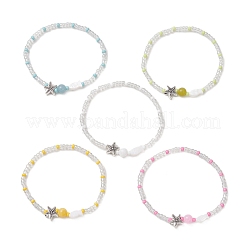 Ocean Alloy Starfish & Glass & Natural Mixed Stone Round Beaded Stretch Bracelets&nbsp;BJEW-MZ00342