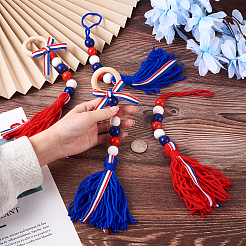 4Pcs 2 Style Independence Day Theme Wooden Ring & Woolen Yarn Tassels Pendant Decorations&nbsp;HJEW-CF0001-20