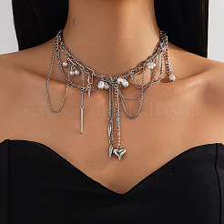 201 Stainless Steel Cone Heart & Imitation Pearl Tassel Iron Chain Bib Necklaces for Women&nbsp;WGAF7CC-01
