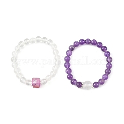 2Pcs 2 Styles Natural Amethyst & Quartz Crystal Round Beaded Stretch Bracelet Sets&nbsp;BJEW-TA00751