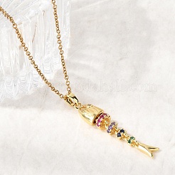 201 Stainless Steel Pave Colorful Cubic Zirconia Fish Bone Pendant Necklaces for Women&nbsp;NJEW-C111-02B-G