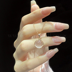 Flat Round Brass Pave Natural Rose Quartz Pendant Necklaces for Women&nbsp;WG46560-01