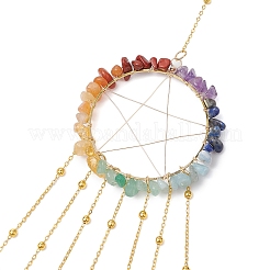 Wire Wrapped Chakra Natural Gemstone Chips Ring with Star Hanging Ornaments&nbsp;HJEW-JM02367