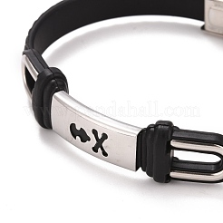 201 Stainless Steel Rectangle Link Bracelet with PU Leather Cord for Men Women&nbsp;BJEW-G649-07P-03