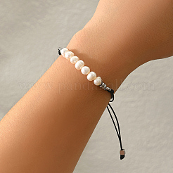 Bohemian Natural Cultured Pearl Rice Braided Bead Bracelets with 201 Stainless Steel Beads&nbsp;NX1549-1
