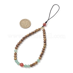 Natural Green Aventurine & Carnelian & Wood Round Beaded Phone Hand Strap Chains&nbsp;HJEW-JM03364-03