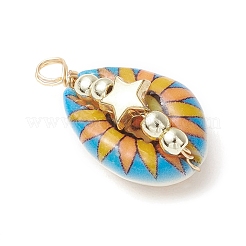 Printed Natural Cowrie Shell Copper Wire Wrapped Pendants&nbsp;PALLOY-JF03954-01