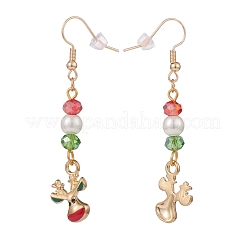 Enamel Reindeer Charm with Glass Pearl Dangle Earrings&nbsp;EJEW-JE04961-02