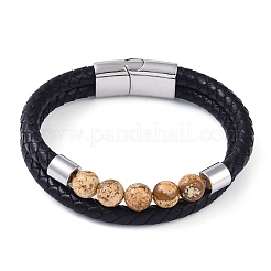 Mixed Stone Round Bead Leather Cord Multi-strand Bracelets&nbsp;BJEW-A009-10P